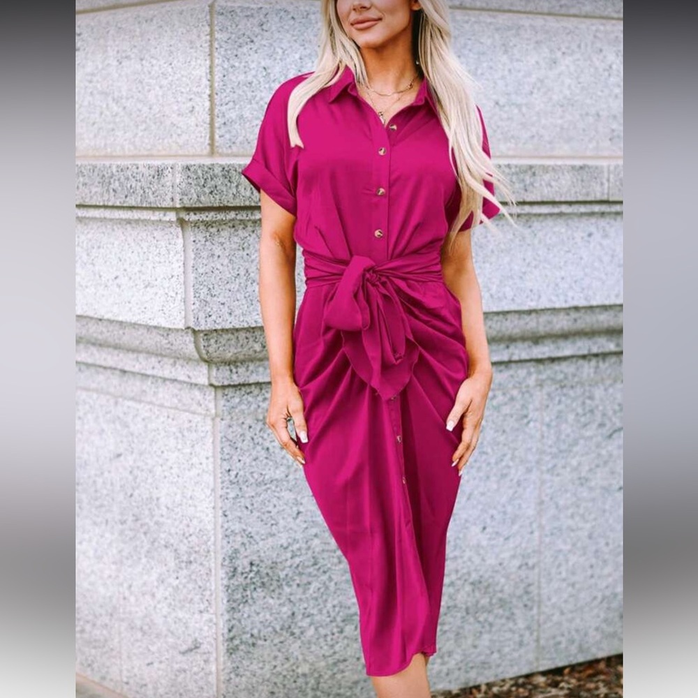 Elegant Hot Pink Tie-Front Satin Dress